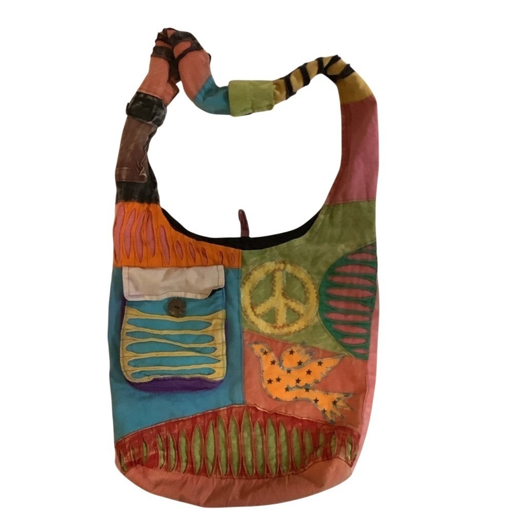 Boho Patchwork Hobo Bag Peace Sign Bird Razor Cut Hippie Crossbody Multi Color‎